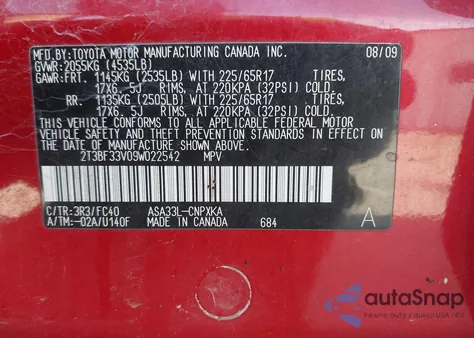 2009 Toyota Rav4 from USA, damaged, VIN 2T3BF33V09W022542